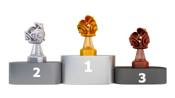 istock Front View of a Podium with Three Dumbbell Trophies 1140075722