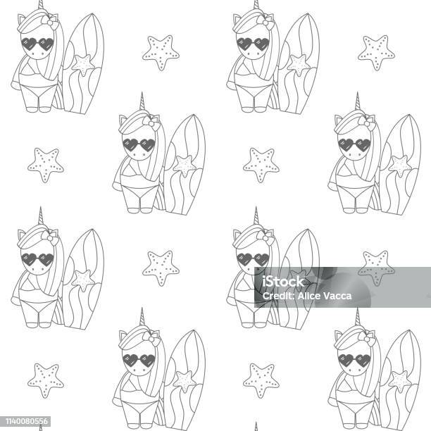 Cute Cartoon Black And White Unicorn Surfer Funny Summer Seamless Vector Pattern Background Illustration Stock Illustration - Download Image Now