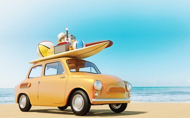 Small retro car with baggage, luggage and beach equipment on the roof, fully packed, ready for summer vacation, concept of a road trip with family and friends, dream destination, very vivid colors with dominant blue sky and ocean and bright orange car. stock photo