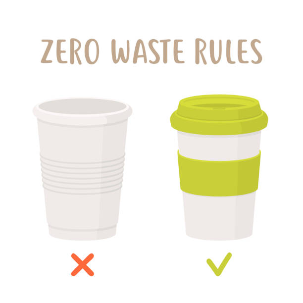 illustrazioni stock, clip art, cartoni animati e icone di tendenza di zero regole sui rifiuti - tazza usa e getta contro tazza riutilizzabile - disposable cup plastic recycling cup