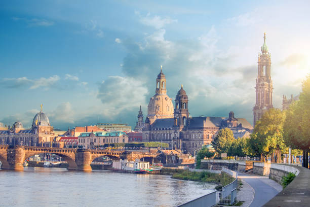 Cityscape Of Dresden At Elbe River And Augustus Bridge, Dresden, Saxony, Germany Cityscape Of Dresden At Elbe River And Augustus Bridge, Dresden, Saxony, Germany elbe river stock pictures, royalty-free photos & images
