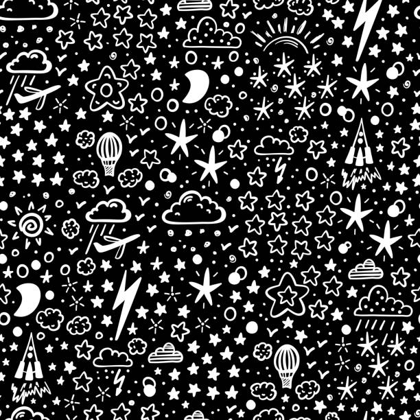 illustrations, cliparts, dessins animés et icônes de starry space ciel vecteur seamless pattern pour les enfants. dessiné à la main doodle transport aérien, nuages de pluie et étoiles fond - sun sky child balloon