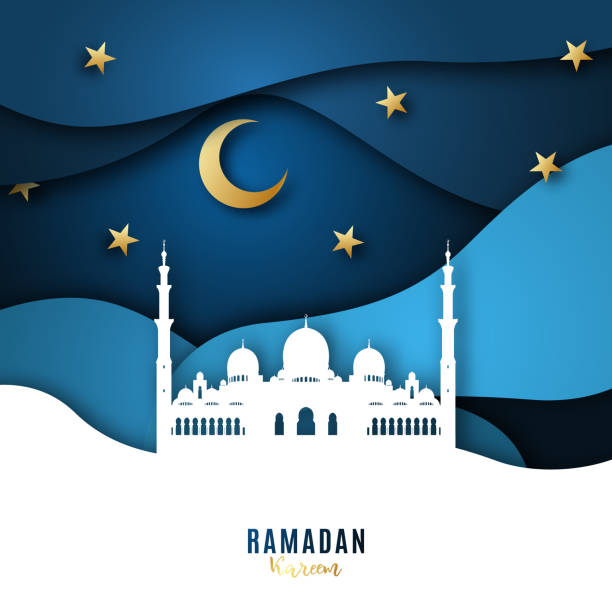 istock Ramadan Kareem paper art background with mosque,  moon and stars. Origami design template. 1140094450