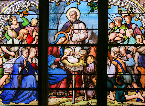 Stained Glass in the Church of Saint Severin, Latin Quarter, Paris, France, depicting a Nativity Scene at Christmas