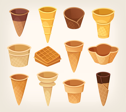 Variations of waffle cups and cones for ice cream. Isolated vector images.