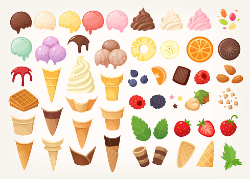 Elements to create your own ice cream. Ice cones, cups, scoops and toppings. Isolated vector images