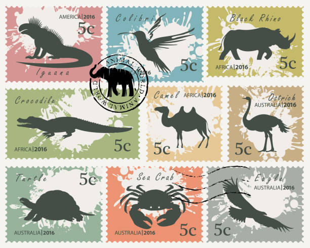 set of postage stamps with animals and birds Vector set of postage stamps on the theme of wildlife animals and birds. Silhouettes of various animals on on an abstract background with spots in retro style spotted eagle stock illustrations