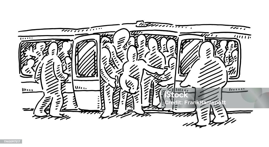 Crowded Subway Train Drawing Hand-drawn vector drawing of a Crowded Subway Train. Black-and-White sketch on a transparent background (.eps-file). Included files are EPS (v10) and Hi-Res JPG. Busy stock vector