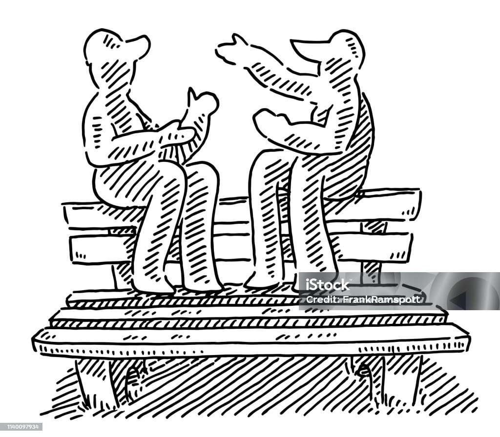 Two Teenagers Sitting On The Back Of A Park Bench Drawing Hand-drawn vector drawing of Two Teenagers Sitting On The Back Of A Park Bench. Black-and-White sketch on a transparent background (.eps-file). Included files are EPS (v10) and Hi-Res JPG. Discussion stock vector