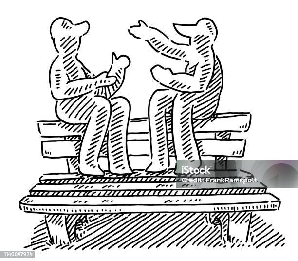 Two Teenagers Sitting On The Back Of A Park Bench Drawing Stock Illustration - Download Image Now