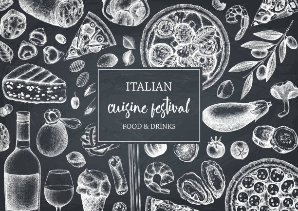 Italian cuisine design on chalkboard Hand drawn pizza and pasta top view frame. Italian food and drinks menu design template. Engraved style pizzeria illustration. Italian cuisine ingredients vintage sketch. On chalkboard gorgonzola stock illustrations