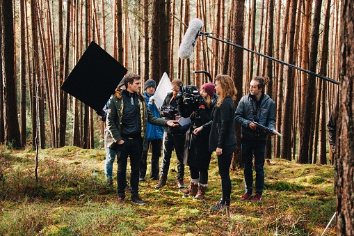 8.9.2017 Nuremberg, Germany: Behind the scene. Film crew team filming movie scene on outdoor location. Group cinema set.