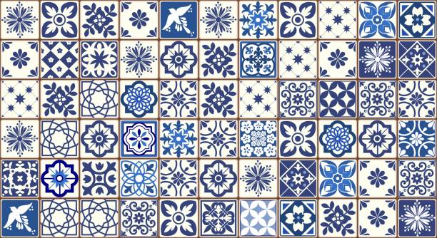 istock Blue Portuguese tiles pattern - Azulejos vector, fashion interior design tiles 1140102757
