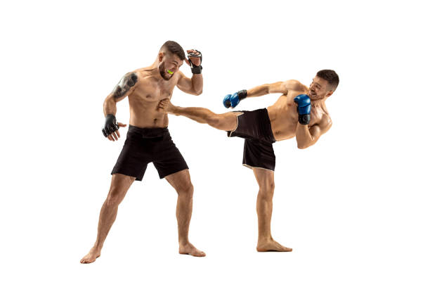 istock Two professional boxers boxing isolated on white studio background 1140102786
