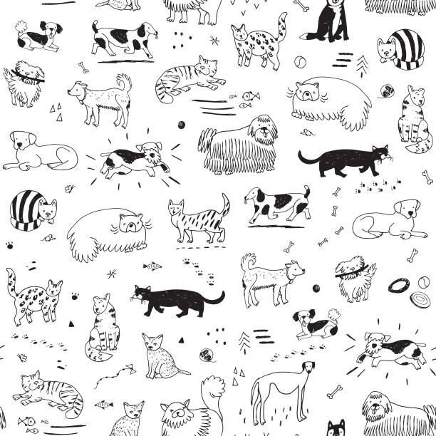 cats and dogs pattern cats and dogs animals vector cartoon pattern walking backgrounds stock illustrations