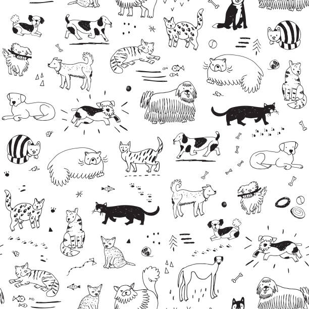cats and dogs pattern cats and dogs animals vector cartoon pattern kitten wallpaper stock illustrations