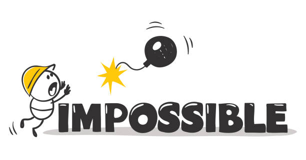 Impossible. Funny man destroys obstacles to the goal, vector illustration. impossible possible stock illustrations