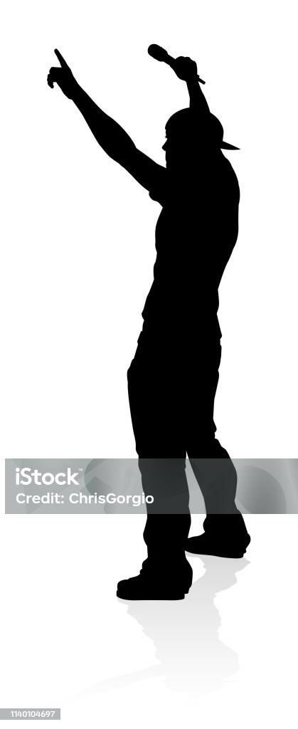 Singer Pop Country or Rock Star Silhouette A singer pop, country music, rock star or hiphop rapper artist vocalist singing in silhouette Adult stock vector