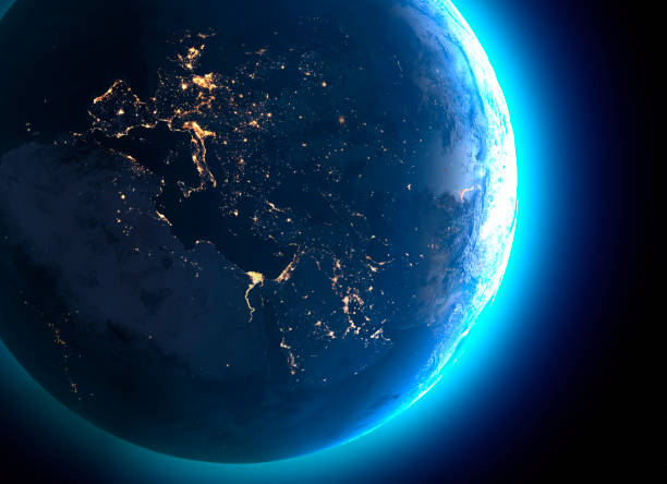 Physical map of the world, satellite view of Europe and North Africa. Night view. City lights. Globe. Hemisphere Physical map of the world, satellite view of Europe and North Africa. Night view. City lights. Globe. Hemisphere. Reliefs and oceans. 3d rendering. Elements of this image are furnished by NASA
https://visibleearth.nasa.gov/view.php?id=74443 green map of norway stock pictures, royalty-free photos & images