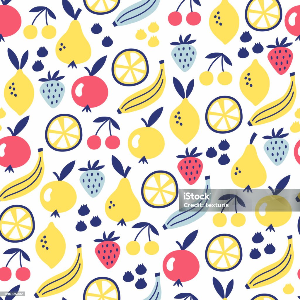 Fruit seamless pattern Fruit seamless pattern. Surface kid decoration with apple, pear, banana, lemon, strawberry, cherry and berry. Vector illustration. Fruit stock vector