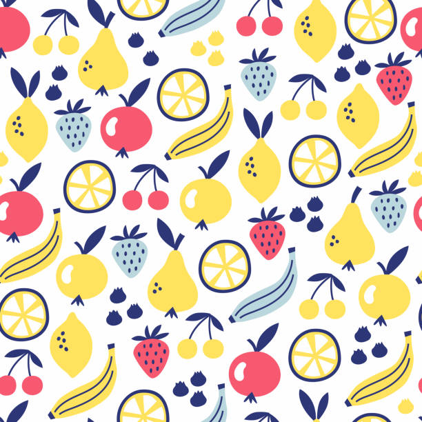 Fruit seamless pattern Fruit seamless pattern. Surface kid decoration with apple, pear, banana, lemon, strawberry, cherry and berry. Vector illustration. fruit designs stock illustrations