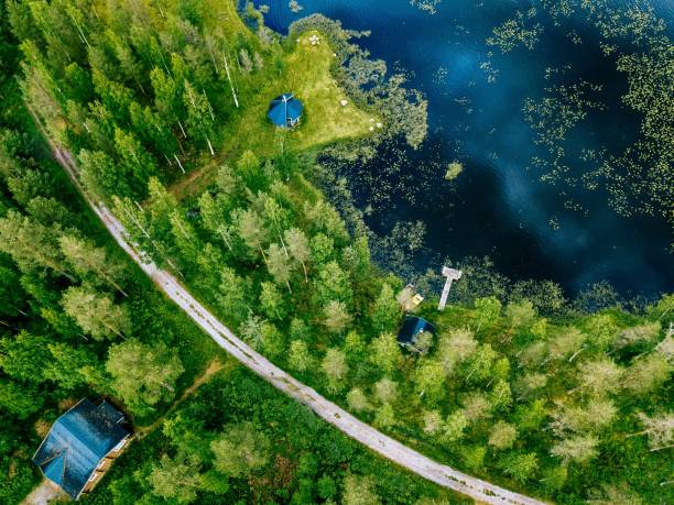 aerial view of blue lake with green forests in finland. wooden house, sauna, boats and fishing pier by the lake. - finland sauna lake house imagens e fotografias de stock