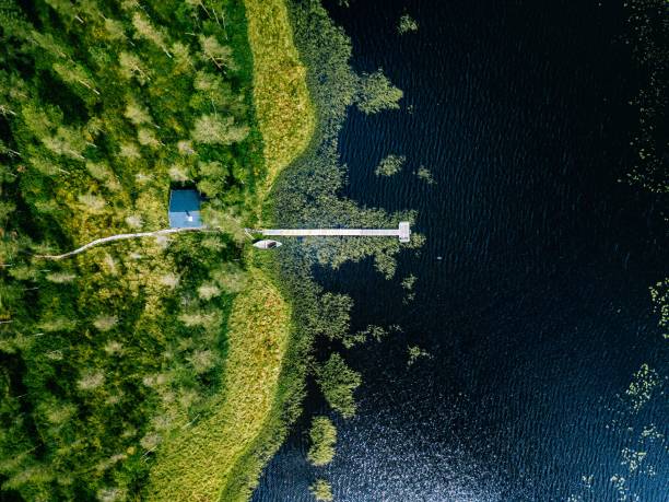 aerial view of blue lake with green forests in finland. wooden house, sauna, boats and fishing pier by the lake. - finland sauna lake house imagens e fotografias de stock