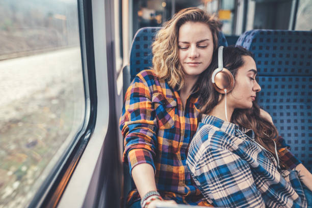 istock Female couple travelling by train 1140107688