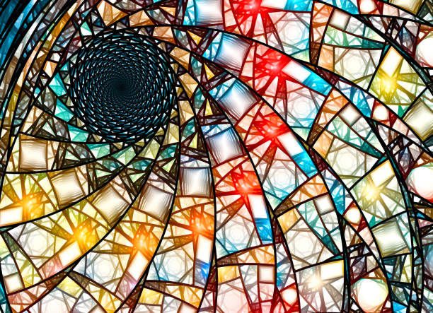 황금 비율에 있는 다채로운 스테인드 글라스 프랙탈 - stained glass glass art church 뉴스 사진 이미지