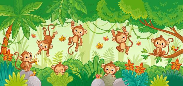 vektor-set mit affen in verschiedenen posen auf dschungel-hintergrund. - cartoon monkey animal tree stock-grafiken, -clipart, -cartoons und -symbole