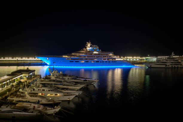 Monte Carlo, Monaco - March 29, 2019: Luxury yacht moored in Port Hercules in Principality of Monaco