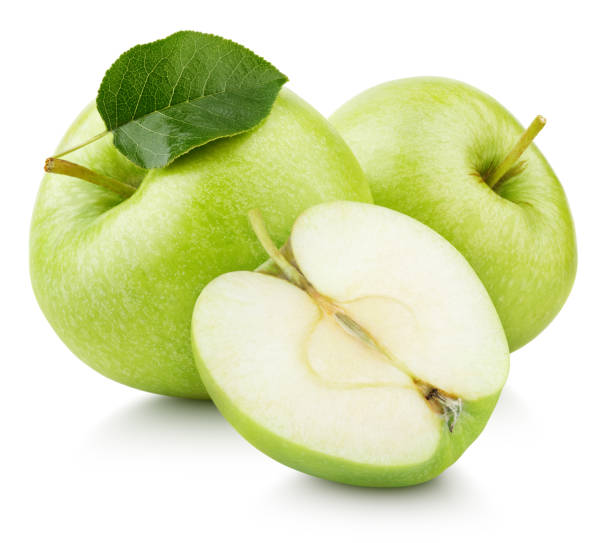 istock Green apple fruit with half and green leaf isolated on white 1140111786