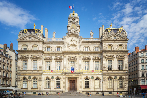 Paris, France - September 10, 2023 : Entrance of the Commercial Court building along the Seine river in Paris, France