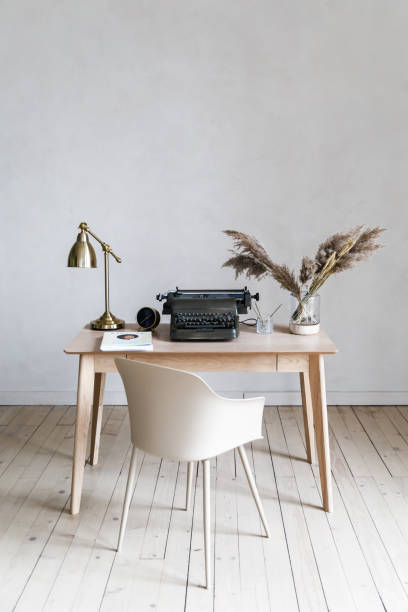 istock Front view picture of studio workplace. Designer comfortable work table, home office. 1140114717
