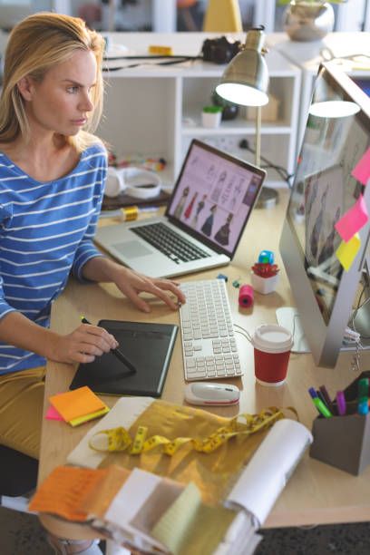 istock Female fashion designer using graphic tablet while working at desk 1140116837