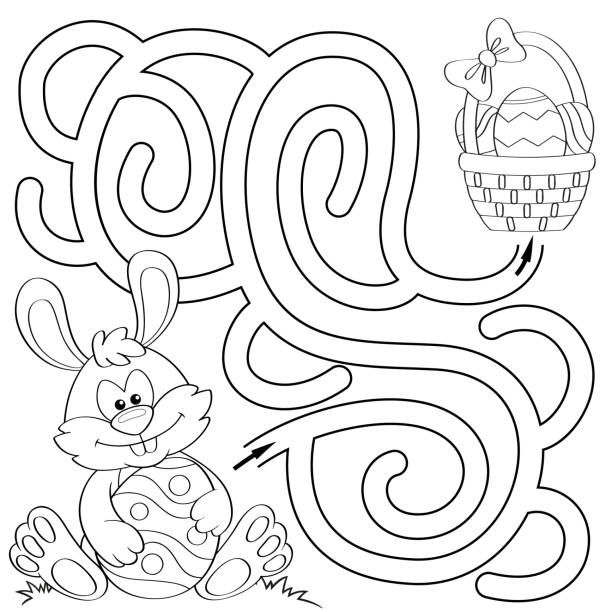 Help little bunny find path to easter basket with eggs. Labyrinth. Maze game for kids. Black and white illustration for coloring book Vector illustration easter easter egg eggs basket stock illustrations