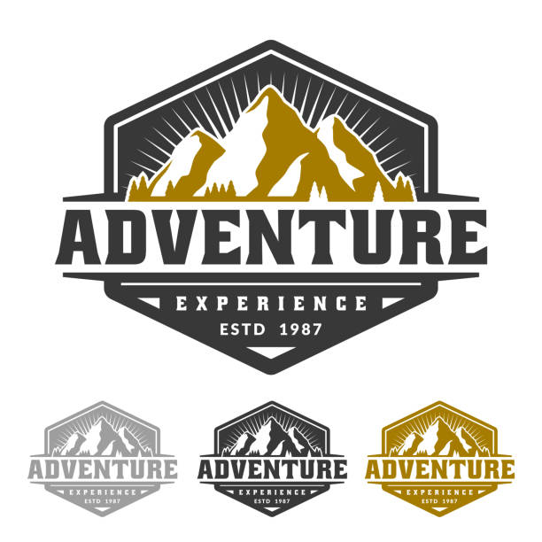illustrazioni stock, clip art, cartoni animati e icone di tendenza di emblema distintivo avventura, modello emblema icona montagna - wliderness