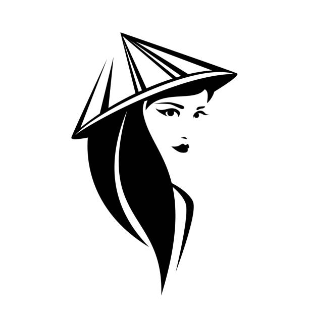 ilustrações de stock, clip art, desenhos animados e ícones de asian woman in conical hat black and white vector portrait - clothing traditional culture chinese culture black