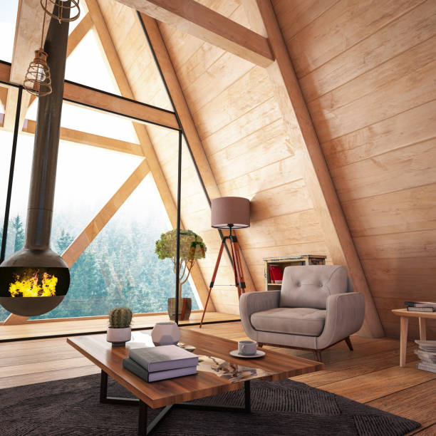 Wooden Interior with Funiture and Fireplace. 3D Render
