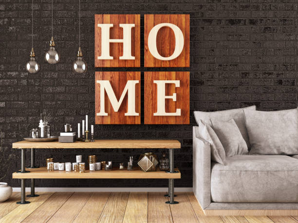 istock Modern Living Room with Sofa and Home Sign 1140120644