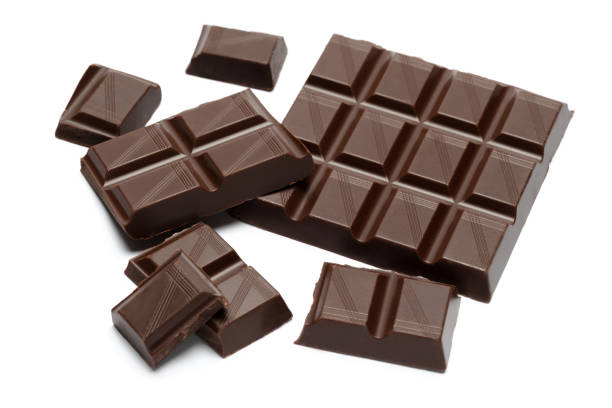 istock Dark organic chocolate pieces isolated on white background 1140123765