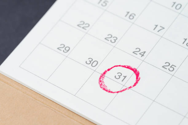 Desktop calendar with red circle on last day, 31 important resignation date, end of month, reminder and schedule or project plan launch date concept stock photo