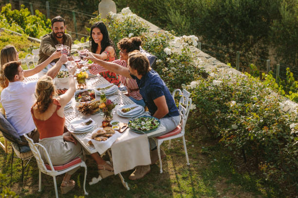 istock Group of friends toasting wine at dinner party 1140124984