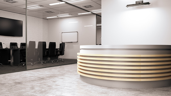 Reception Desk with Empty White Brick Wall. 3D Render
