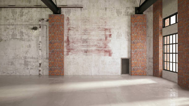 Empty Large Warehouse Wall Empty Large Warehouse.3D Render home industry stock pictures, royalty-free photos & images