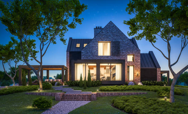 istock 3d rendering of modern clinker house on the ponds with pool in night 1140134547