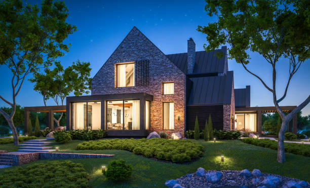 istock 3d rendering of modern clinker house on the ponds with pool in night 1140134549