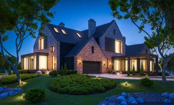 istock 3d rendering of modern clinker house on the ponds with pool in night 1140134568