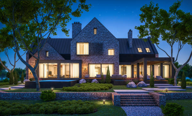 istock 3d rendering of modern clinker house on the ponds with pool in night 1140134569