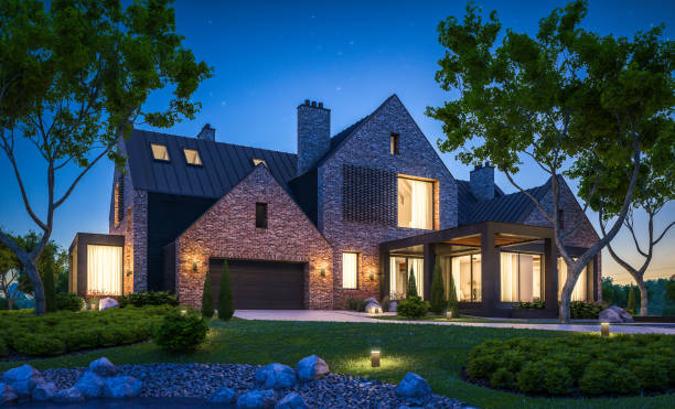 istock 3d rendering of modern clinker house on the ponds with pool in night 1140134570